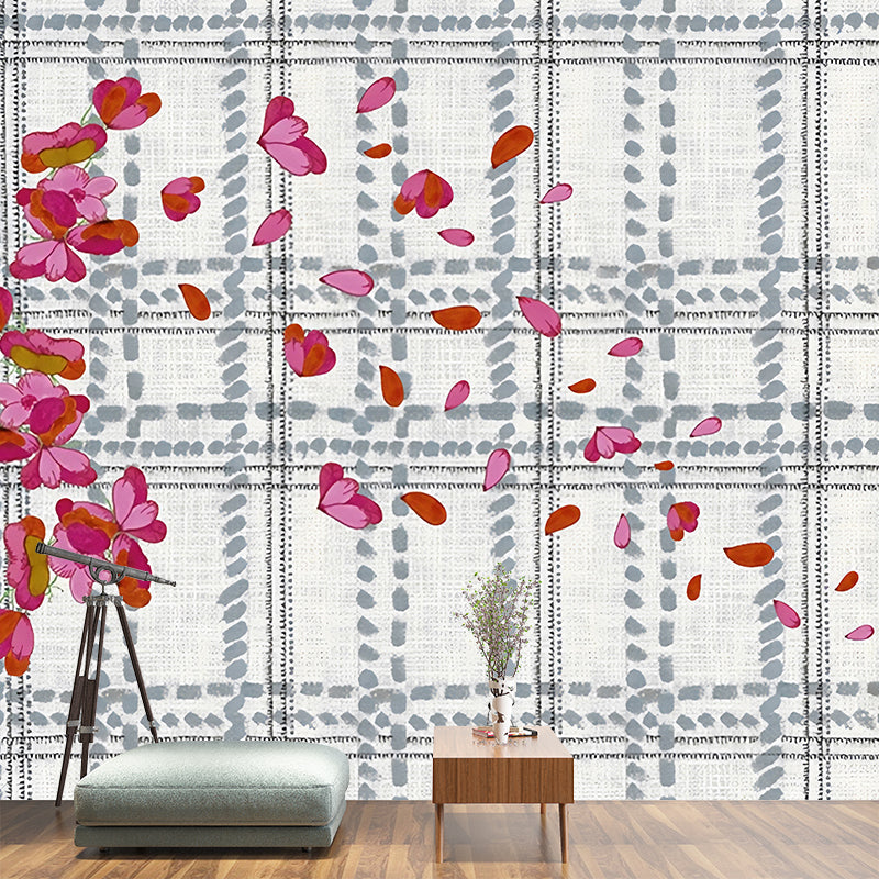 Stain Resistant Wallpaper Mural Modernist Non-Woven Wall Art with Tartan and Scattered Flower Pattern Clearhalo 'Wall Decor' 'Wall Mural' 1180821