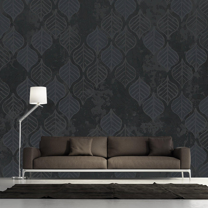 Leaves Wall Paper Murals Simplicity Stain Resistant Bedroom Wall Covering, Custom Size Dark Gray Clearhalo 'Wall Decor' 'Wall Mural' 1180849