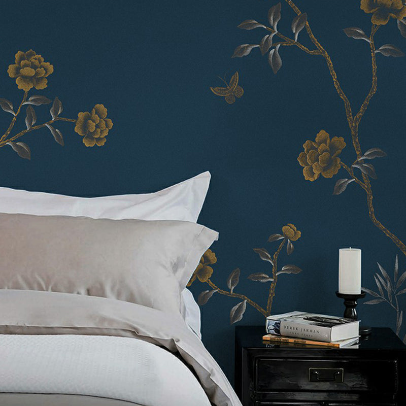 Dark Blue Chinese Wall Mural Large Flower Field Patterned Wall Art for Bedroom Decor Dark Blue Clearhalo 'Wall Decor' 'Wall Mural' 1180864