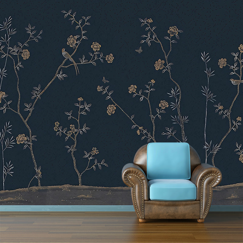 Dark Blue Chinese Wall Mural Large Flower Field Patterned Wall Art for Bedroom Decor Clearhalo 'Wall Decor' 'Wall Mural' 1180865