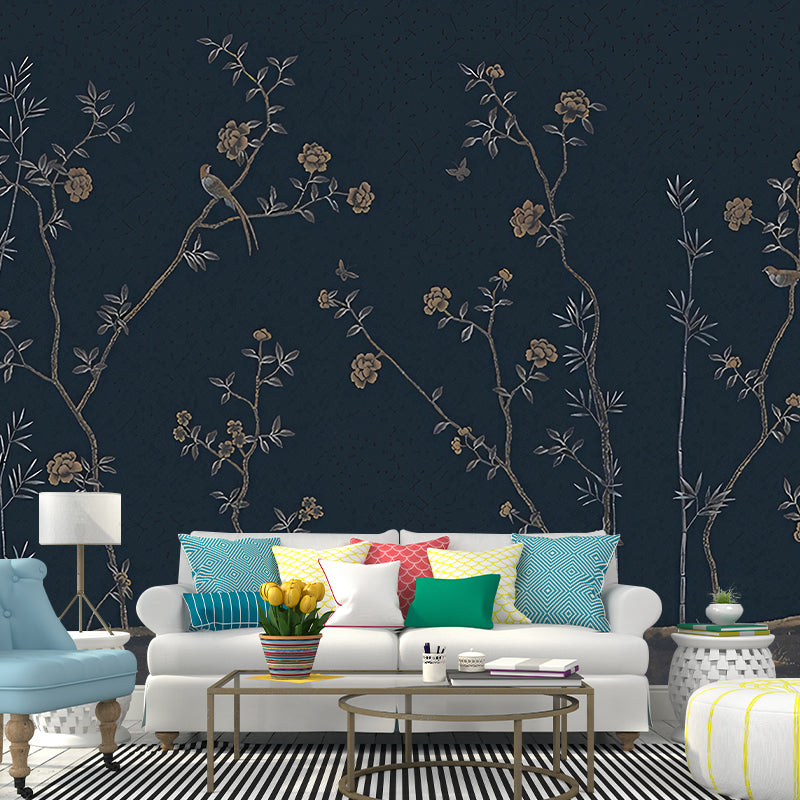 Dark Blue Chinese Wall Mural Large Flower Field Patterned Wall Art for Bedroom Decor Clearhalo 'Wall Decor' 'Wall Mural' 1180866