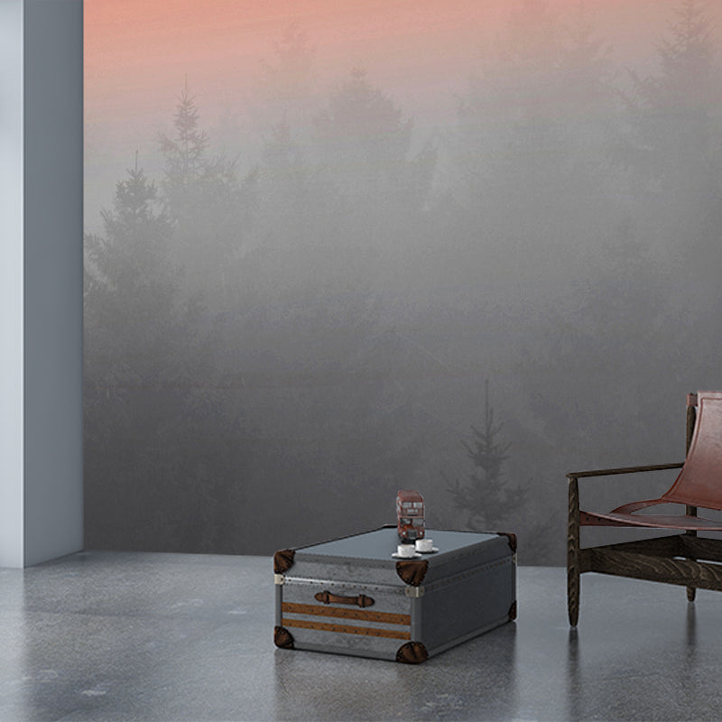 Misty Forest Morning Murals Grey and Orange Contemporary Wall Art for Home Decor Clearhalo 'Wall Decor' 'Wall Mural' 1180875