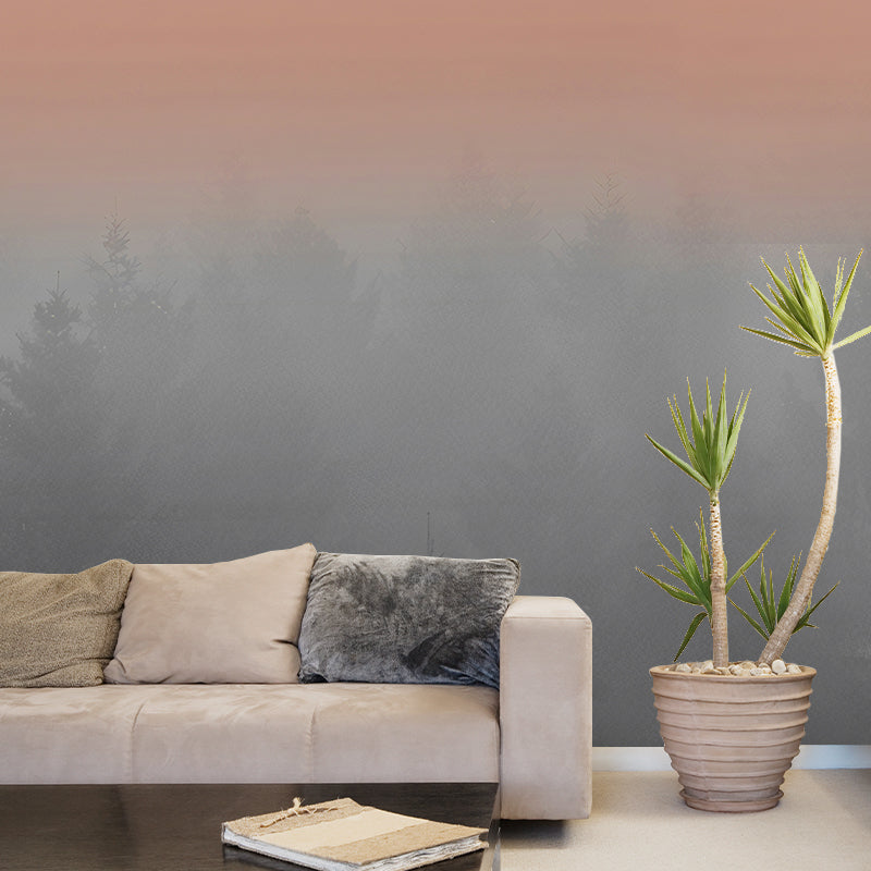 Misty Forest Morning Murals Grey and Orange Contemporary Wall Art for Home Decor Clearhalo 'Wall Decor' 'Wall Mural' 1180876