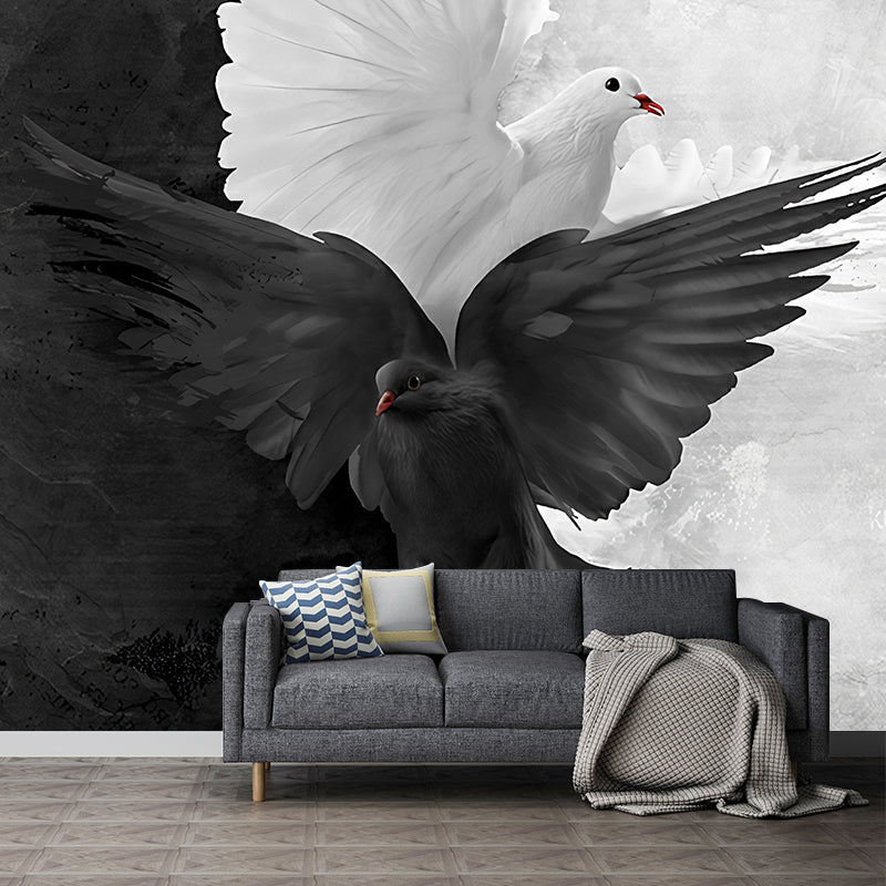 Illustration Pigeon Murals Wallpaper for Dining Room Decoration, Black and White, Custom Made Black-White Clearhalo 'Wall Decor' 'Wall Mural' 1180879