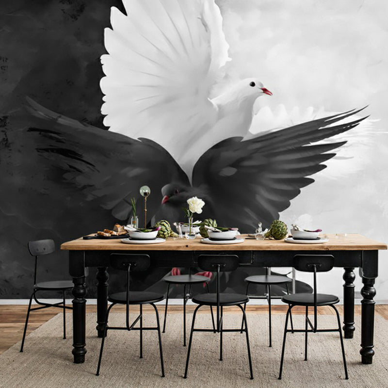 Illustration Pigeon Murals Wallpaper for Dining Room Decoration, Black and White, Custom Made Clearhalo 'Wall Decor' 'Wall Mural' 1180880