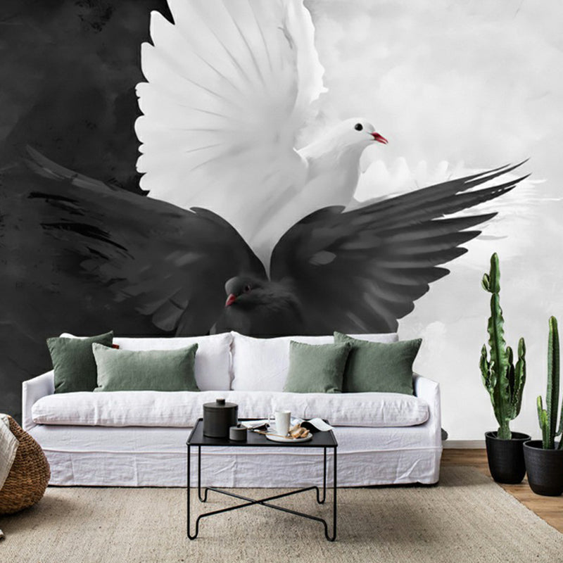 Illustration Pigeon Murals Wallpaper for Dining Room Decoration, Black and White, Custom Made Clearhalo 'Wall Decor' 'Wall Mural' 1180881