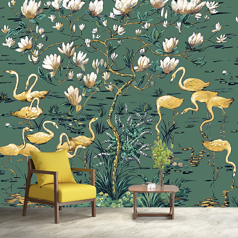 Large Tropix Wall Murals in Dark Color Flamingo and Lotus Pond Pattern Wall Covering, Optional Size Clearhalo 'Wall Decor' 'Wall Mural' 1180899