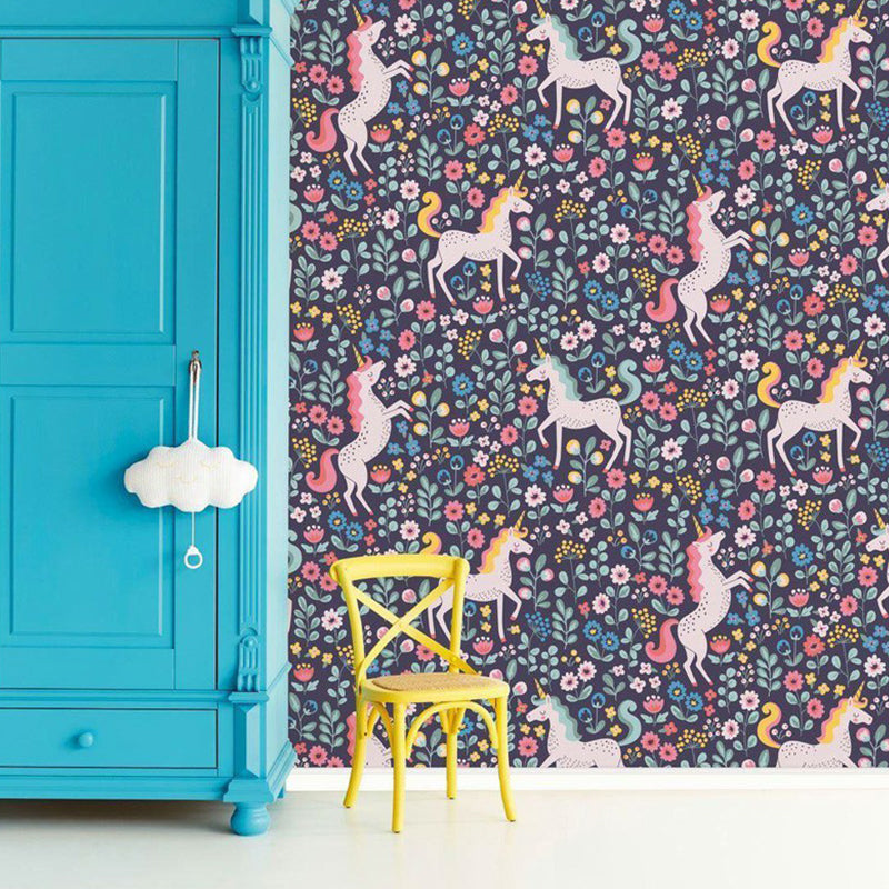 Unicorn in Wildflowers Wall Murals Contemporary Waterproof Living Room Wall Art, Custom Print Blue-Pink-Yellow Clearhalo 'Wall Decor' 'Wall Mural' 1180917