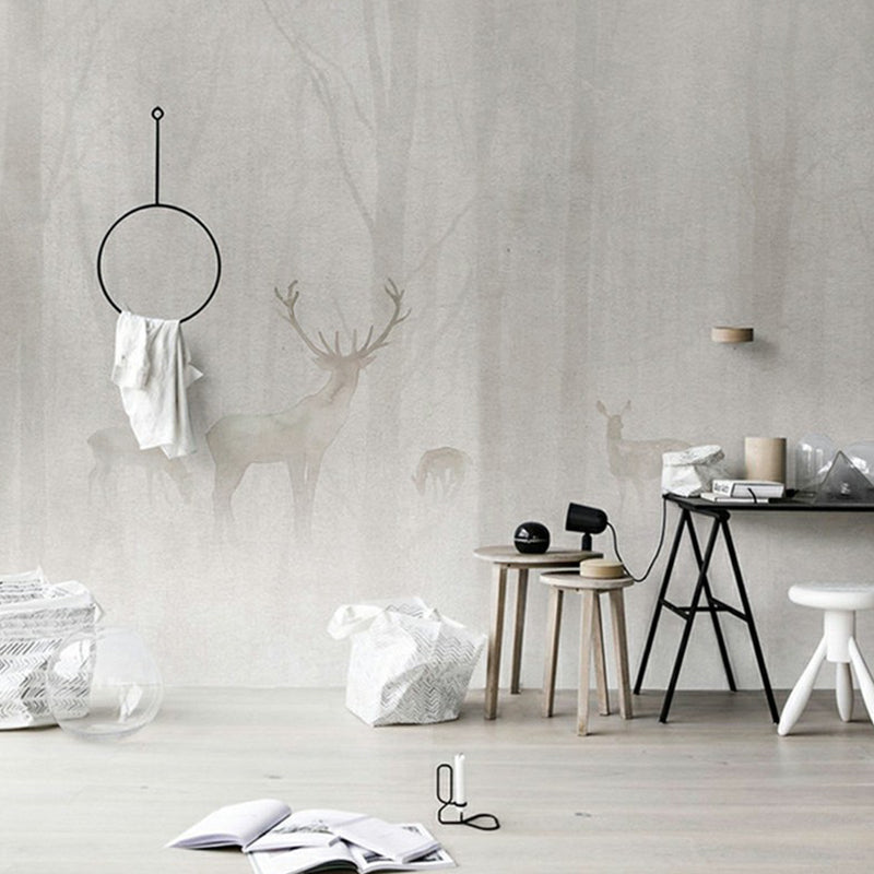 Whole Animal Mural for Bathroom Foggy Forest Deer Patterned Wall Art in Grey, Moisture Resistant Grey Clearhalo 'Wall Decor' 'Wall Mural' 1180932
