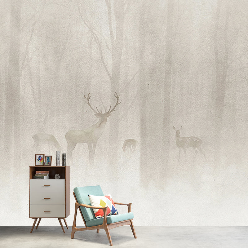 Whole Animal Mural for Bathroom Foggy Forest Deer Patterned Wall Art in Grey, Moisture Resistant Clearhalo 'Wall Decor' 'Wall Mural' 1180933