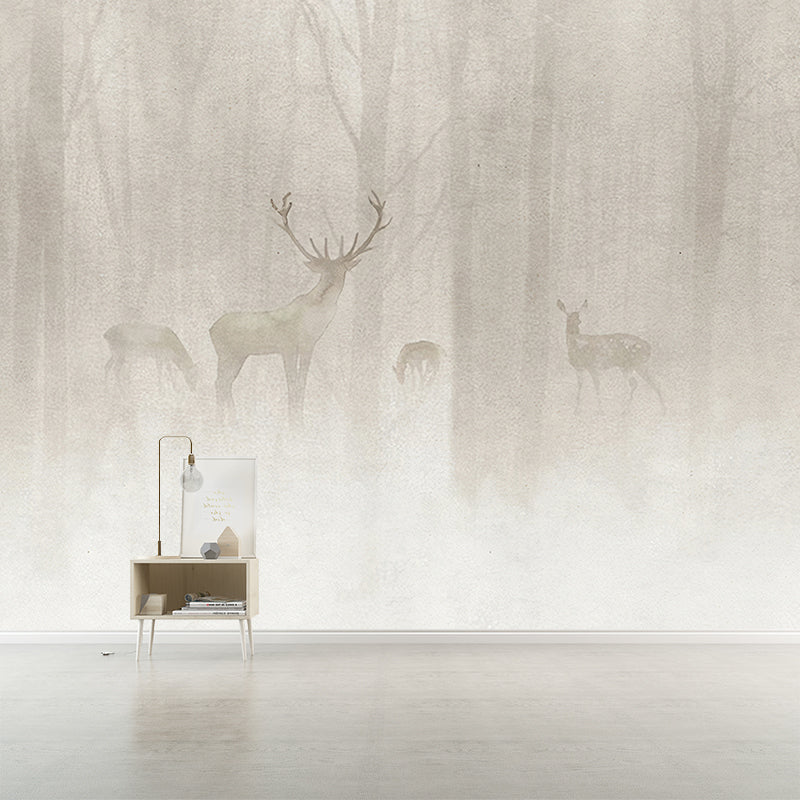Whole Animal Mural for Bathroom Foggy Forest Deer Patterned Wall Art in Grey, Moisture Resistant Clearhalo 'Wall Decor' 'Wall Mural' 1180934