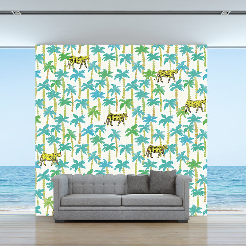 Yellow-Blue Tropical Mural Wallpaper Large Jungle Leopard Printed Wall Decor for Home Clearhalo 'Wall Decor' 'Wall Mural' 1180938