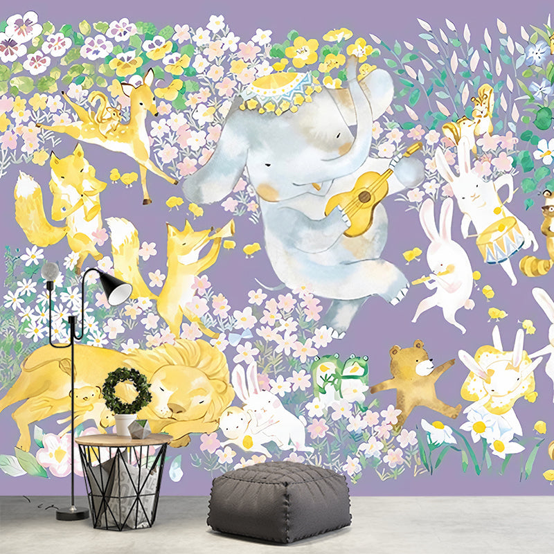 Cartoon Animal Orchestra Wall Murals Childrens Art Smooth Wall Decoration in Purple Clearhalo 'Wall Decor' 'Wall Mural' 1180944