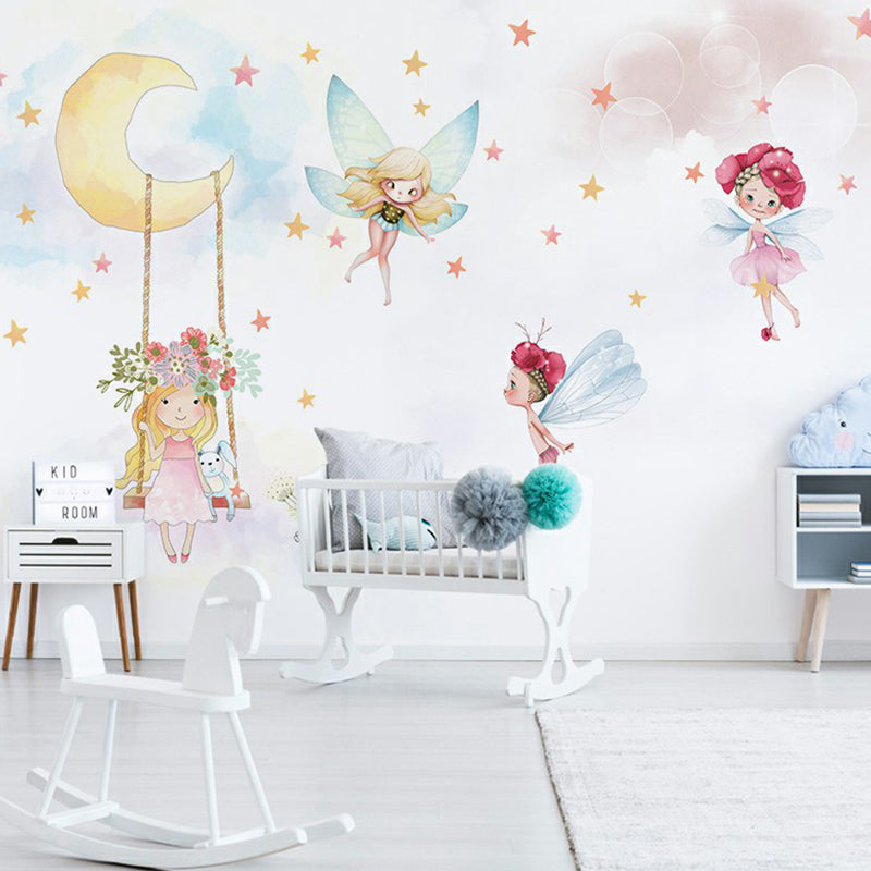 Childrens Art Girl Wallpaper Mural with Fairies Pattern White Wall Covering for Bedroom White Clearhalo 'Wall Decor' 'Wall Mural' 1180952