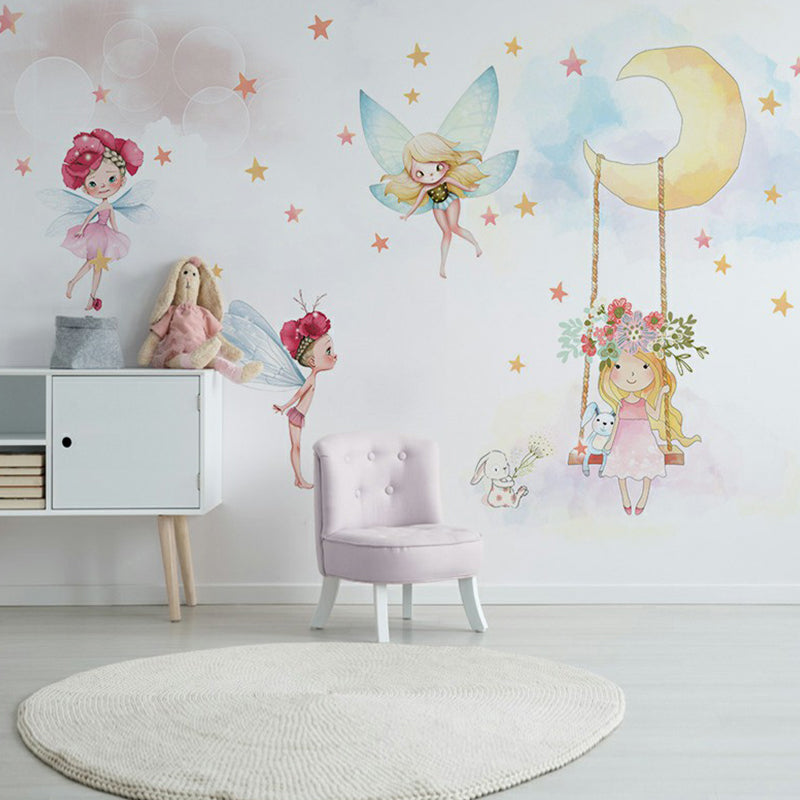 Childrens Art Girl Wallpaper Mural with Fairies Pattern White Wall Covering for Bedroom Clearhalo 'Wall Decor' 'Wall Mural' 1180953