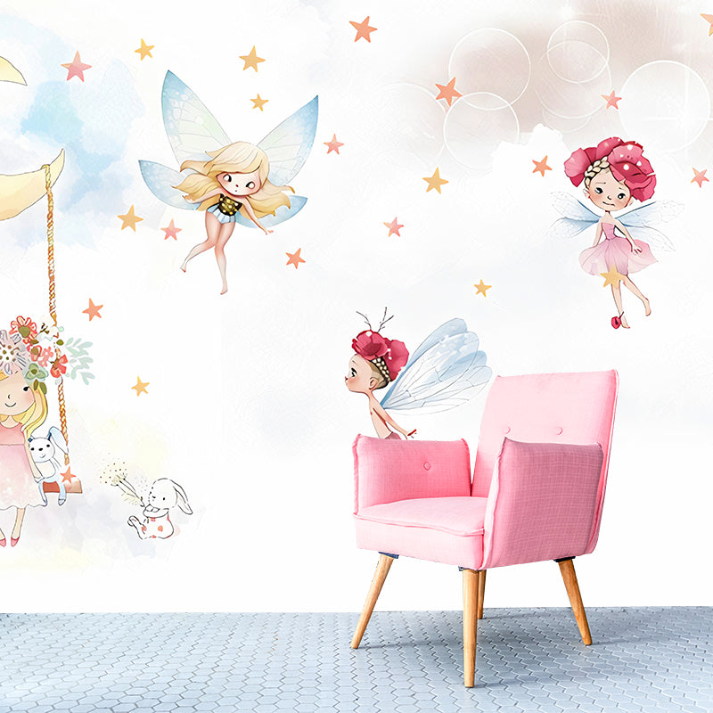 Childrens Art Girl Wallpaper Mural with Fairies Pattern White Wall Covering for Bedroom Clearhalo 'Wall Decor' 'Wall Mural' 1180954