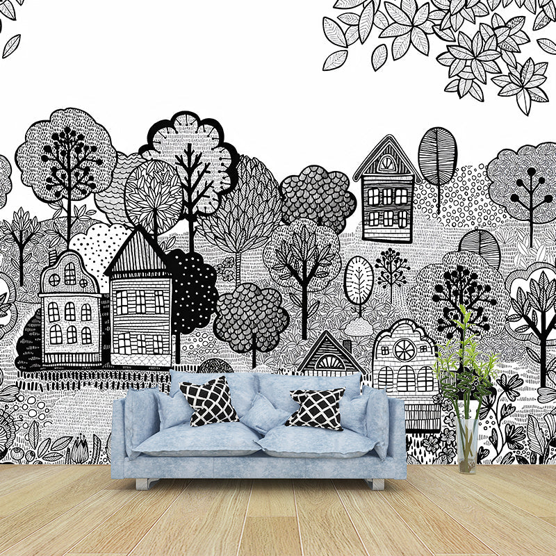 Log Cabin Murals Wallpaper Grey and White Childrens Art Wall Decor for Playroom Gray-White Clearhalo 'Wall Decor' 'Wall Mural' 1180957