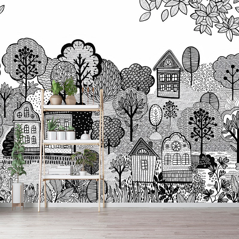 Log Cabin Murals Wallpaper Grey and White Childrens Art Wall Decor for Playroom Clearhalo 'Wall Decor' 'Wall Mural' 1180958