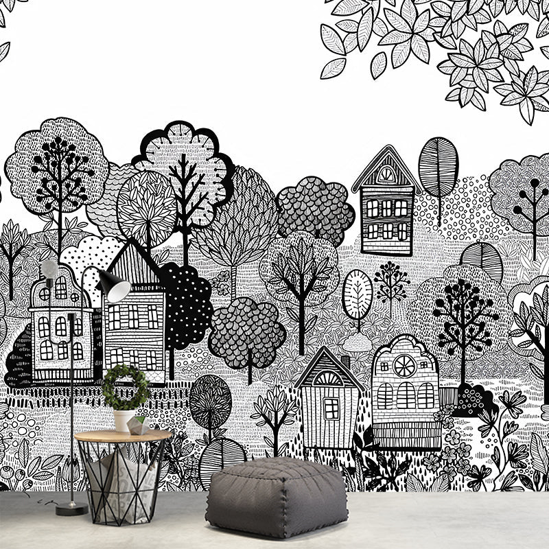 Log Cabin Murals Wallpaper Grey and White Childrens Art Wall Decor for Playroom Clearhalo 'Wall Decor' 'Wall Mural' 1180959