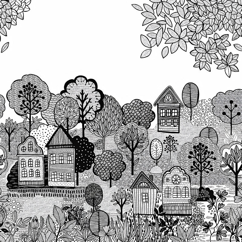 Log Cabin Murals Wallpaper Grey and White Childrens Art Wall Decor for Playroom Clearhalo 'Wall Decor' 'Wall Mural' 1180960