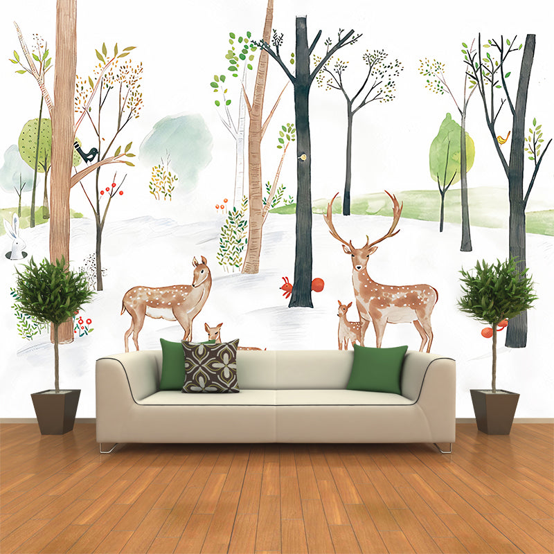 Childrens Art Sika Deer Mural for Nursery Custom Wall Decor in White-Green-Yellow Clearhalo 'Wall Decor' 'Wall Mural' 1180969