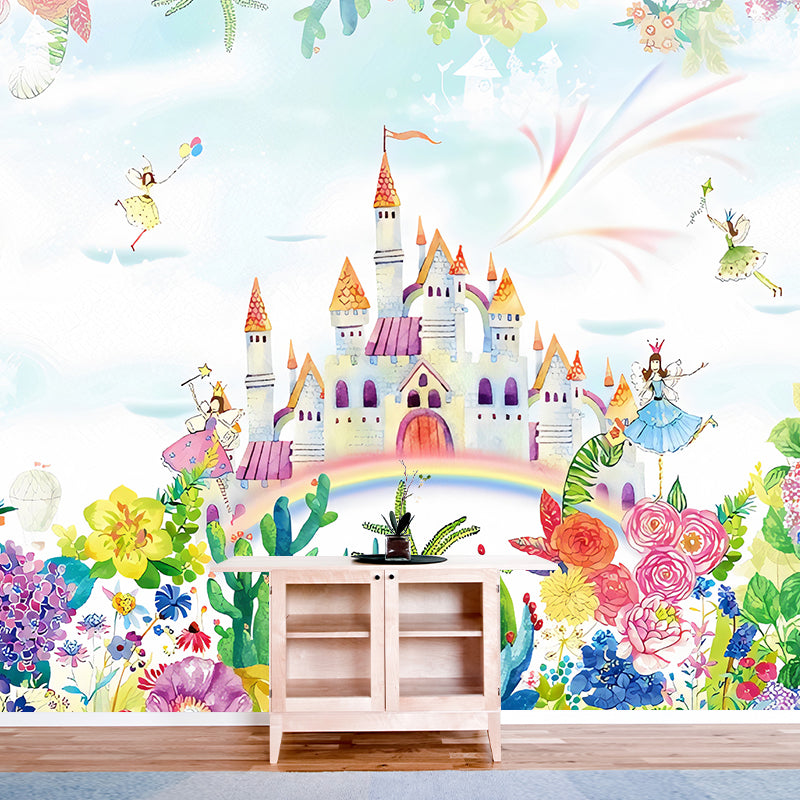 Illustration Cartoon Castle Murals Wallpaper Full Size Wall Decor for Nursery, Custom-Print Clearhalo 'Wall Decor' 'Wall Mural' 1180983