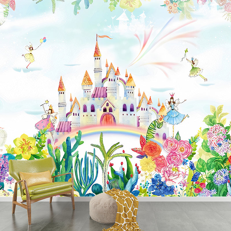 Illustration Cartoon Castle Murals Wallpaper Full Size Wall Decor for Nursery, Custom-Print Clearhalo 'Wall Decor' 'Wall Mural' 1180984