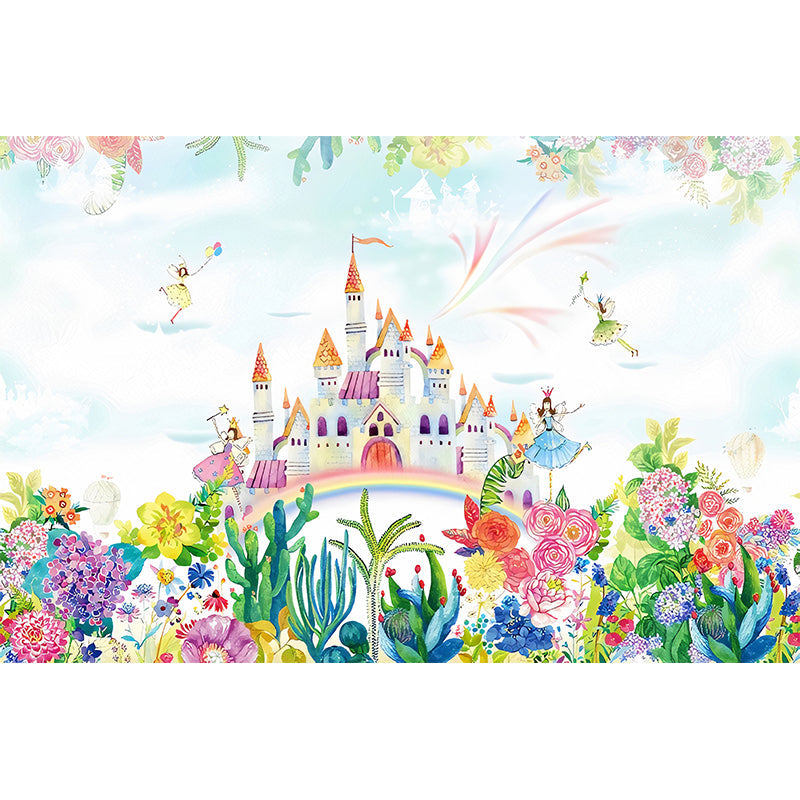 Illustration Cartoon Castle Murals Wallpaper Full Size Wall Decor for Nursery, Custom-Print Clearhalo 'Wall Decor' 'Wall Mural' 1180985