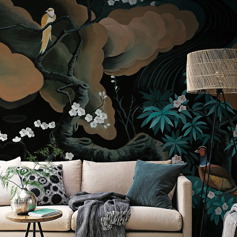 Asia Red-Crown Crane Mural for Accent Wall Personalized Wall Covering in Black-Green Black-Green Clearhalo 'Wall Decor' 'Wall Mural' 1181007