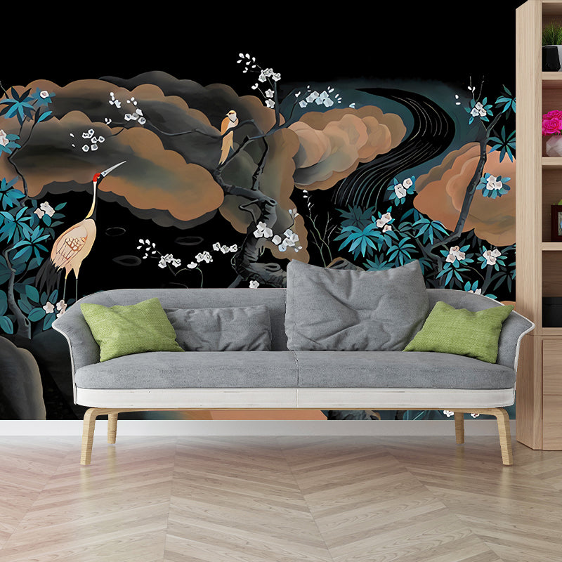 Asia Red-Crown Crane Mural for Accent Wall Personalized Wall Covering in Black-Green Clearhalo 'Wall Decor' 'Wall Mural' 1181009