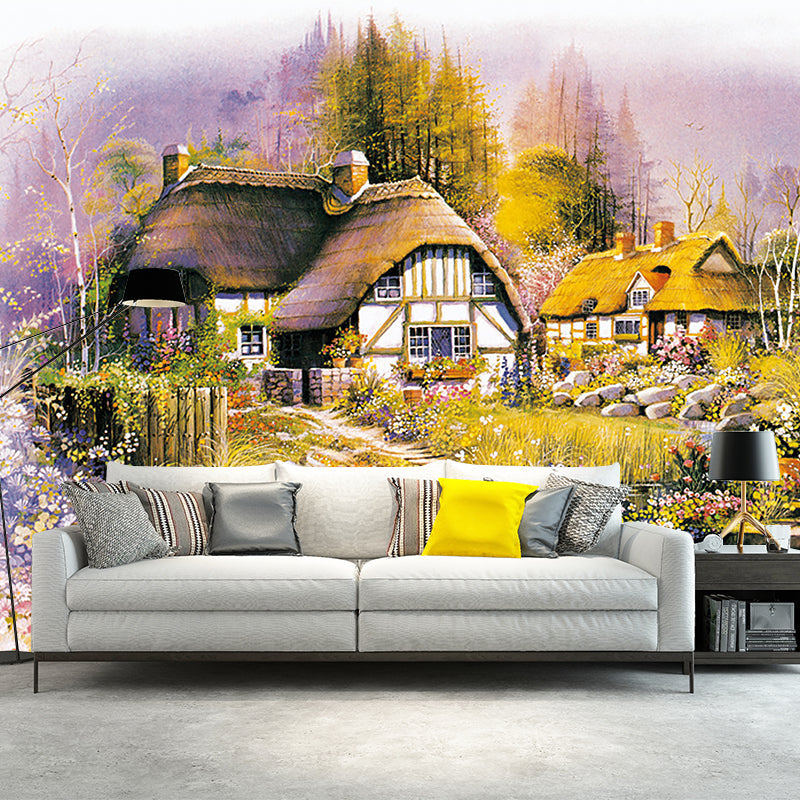Village House Drawing Wall Murals Brown-Green-Yellow Stain Proof Wall Decoration Brown-Green-Yellow Clearhalo 'Wall Decor' 'Wall Mural' 1181035