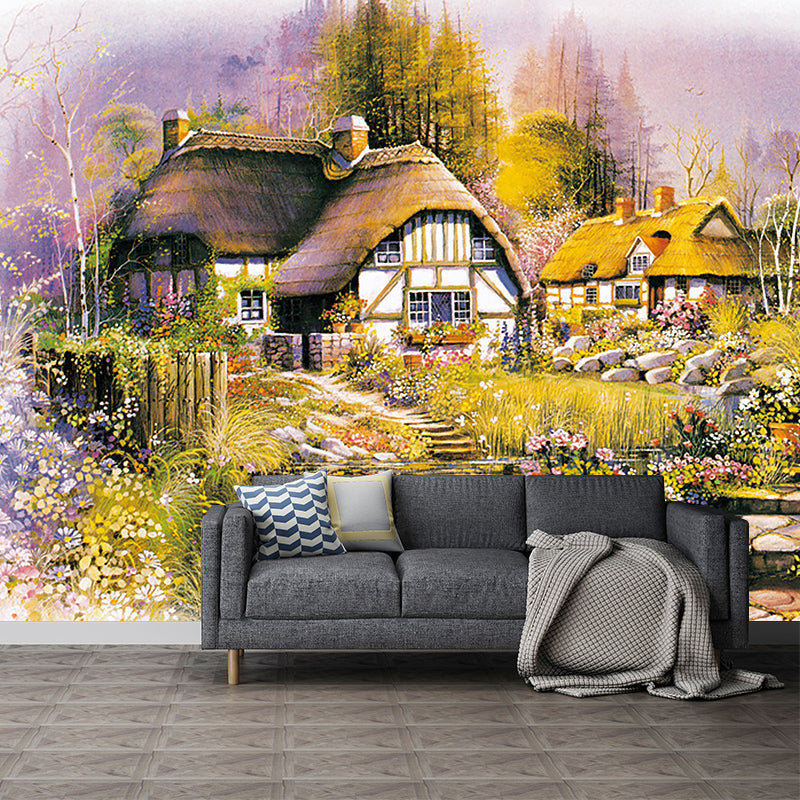 Village House Drawing Wall Murals Brown-Green-Yellow Stain Proof Wall Decoration Clearhalo 'Wall Decor' 'Wall Mural' 1181036