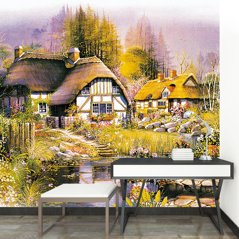 Village House Drawing Wall Murals Brown-Green-Yellow Stain Proof Wall Decoration Clearhalo 'Wall Decor' 'Wall Mural' 1181037
