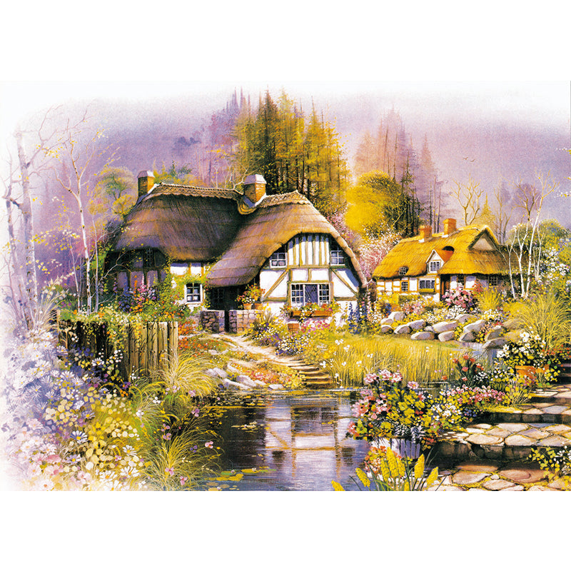 Village House Drawing Wall Murals Brown-Green-Yellow Stain Proof Wall Decoration Clearhalo 'Wall Decor' 'Wall Mural' 1181038
