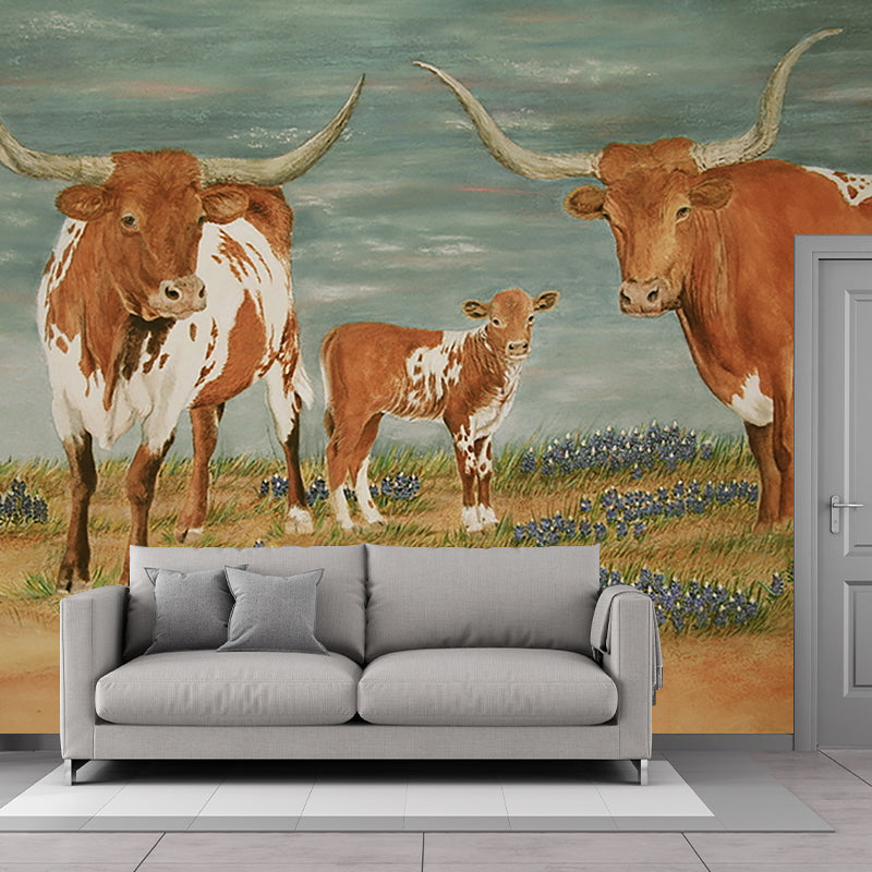 Rustic Milk Cow Painting Murals Brown Animal Wall Covering for Living Room Decoration Brown Clearhalo 'Wall Decor' 'Wall Mural' 1181050