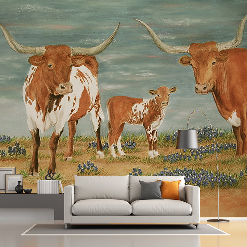 Rustic Milk Cow Painting Murals Brown Animal Wall Covering for Living Room Decoration Clearhalo 'Wall Decor' 'Wall Mural' 1181051