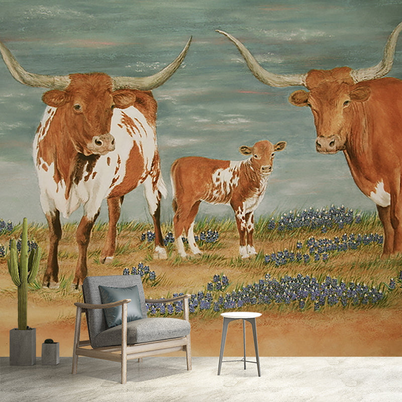 Rustic Milk Cow Painting Murals Brown Animal Wall Covering for Living Room Decoration Clearhalo 'Wall Decor' 'Wall Mural' 1181052