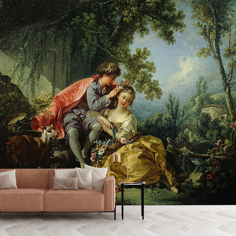 Vintage Puppy Love Mural Wallpaper Yellow and Green Living Room Wall Decoration, Optional Size Clearhalo 'Wall Decor' 'Wall Mural' 1181062