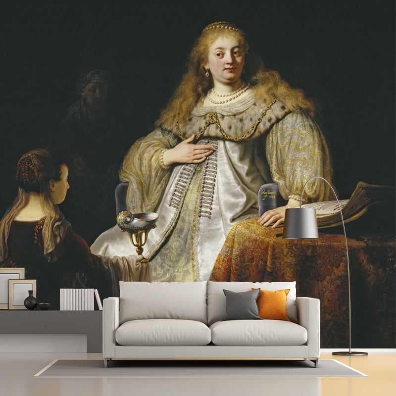 Custom Illustration Retro Murals with Judith at the Banquet of Holofernes Painting in Brown Brown Clearhalo 'Wall Decor' 'Wall Mural' 1181065