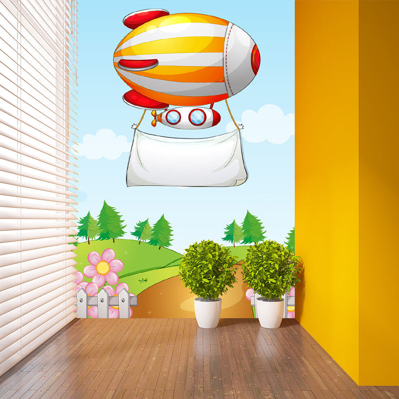 Cartoon Airship Wallpaper Murals Blue-Orange-Yellow Kids Bedroom Wall Decoration, Custom Print Blue-Orange-Yellow Clearhalo 'Wall Decor' 'Wall Mural' 1183729