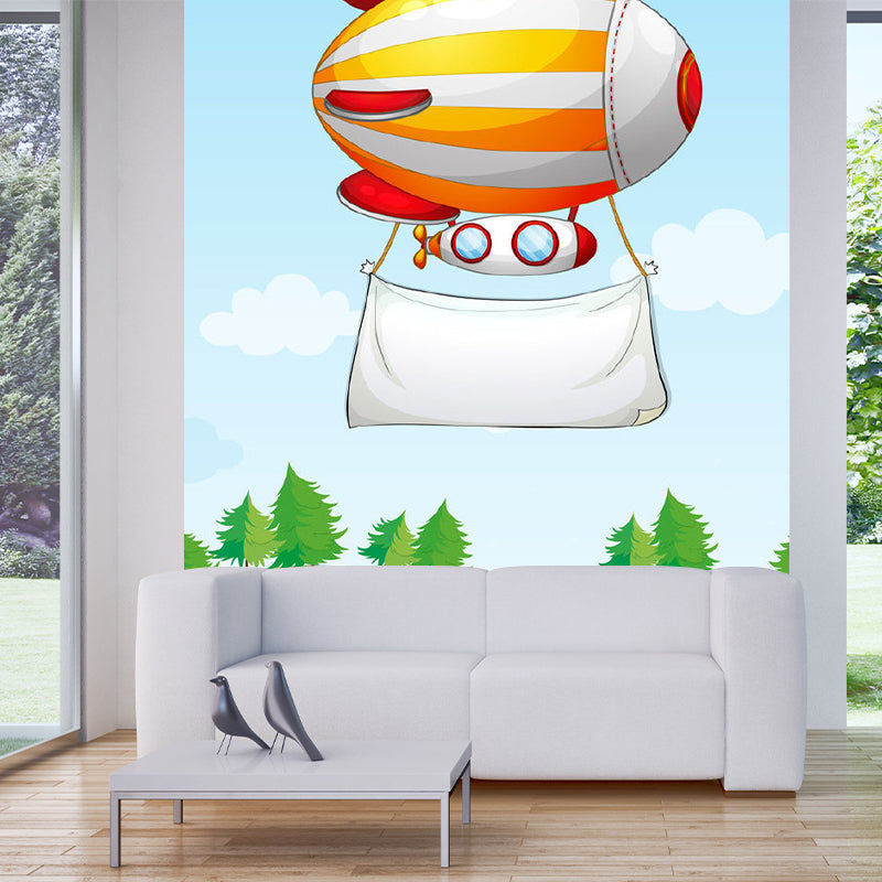 Cartoon Airship Wallpaper Murals Blue-Orange-Yellow Kids Bedroom Wall Decoration, Custom Print Clearhalo 'Wall Decor' 'Wall Mural' 1183730