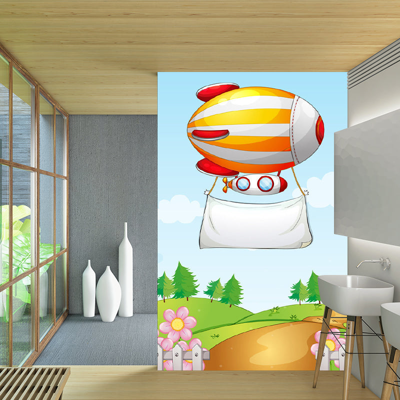 Cartoon Airship Wallpaper Murals Blue-Orange-Yellow Kids Bedroom Wall Decoration, Custom Print Clearhalo 'Wall Decor' 'Wall Mural' 1183731