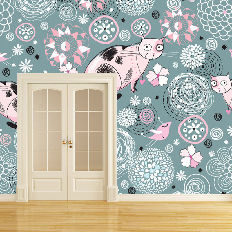 Stain-Resistant Murals Wallpaper Childrens Art Non-Woven Material Wall Decor with Cat and Flower Pattern Pink-Green Clearhalo 'Wall Decor' 'Wall Mural' 1183734