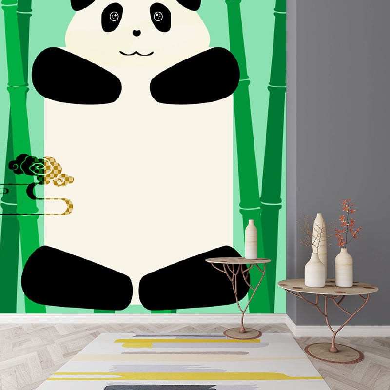 Green Panda Wall Paper Murals Stain Proof Cartoon Kids Bedroom Wall Decor, Non-Woven Green Clearhalo 'Wall Decor' 'Wall Mural' 1183764