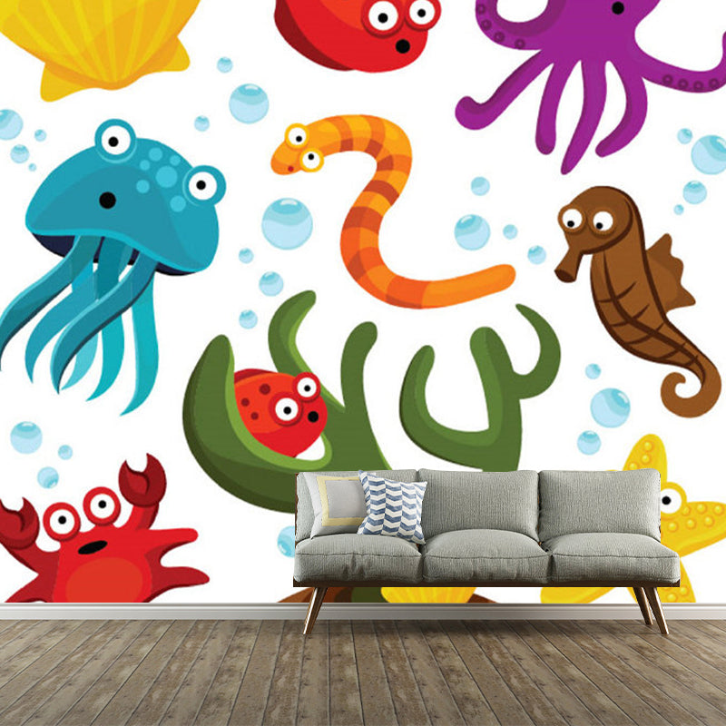 Illustration Sea Animals Mural Wallpaper Large Wall Decor for Kids Room, Customized Size Clearhalo 'Wall Decor' 'Wall Mural' 1183830