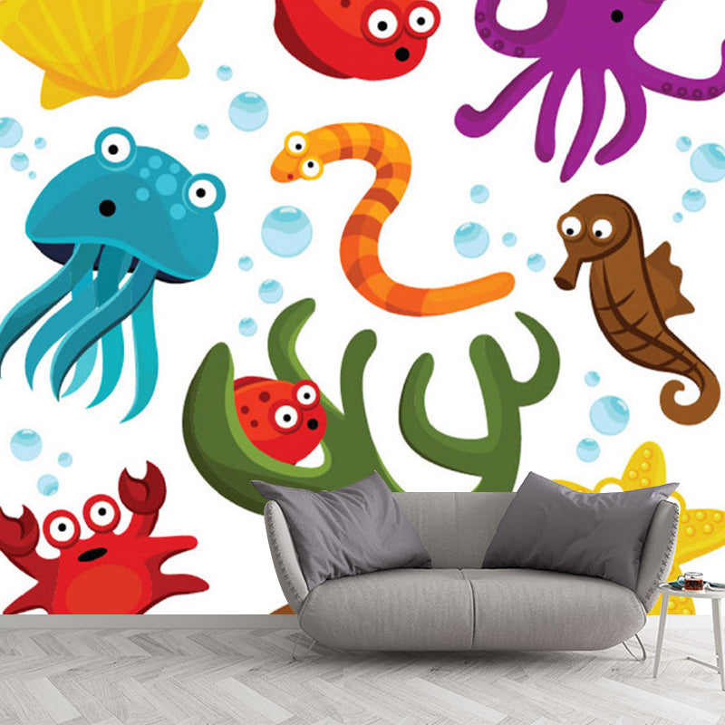 Illustration Sea Animals Mural Wallpaper Large Wall Decor for Kids Room, Customized Size Clearhalo 'Wall Decor' 'Wall Mural' 1183831