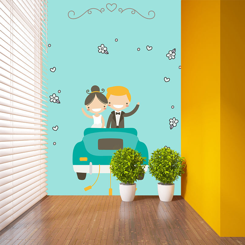 Aqua Couples Pattern Mural Cartoon Childrens Art Stain Resistant Wall Decoration for Bedroom Aqua Clearhalo 'Wall Decor' 'Wall Mural' 1183849