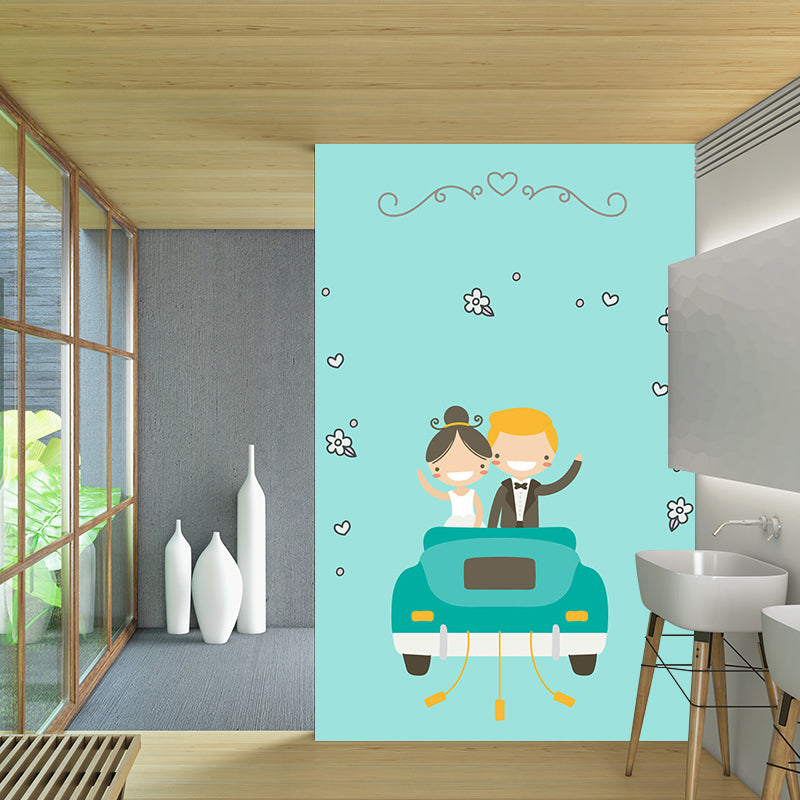 Aqua Couples Pattern Mural Cartoon Childrens Art Stain Resistant Wall Decoration for Bedroom Clearhalo 'Wall Decor' 'Wall Mural' 1183851