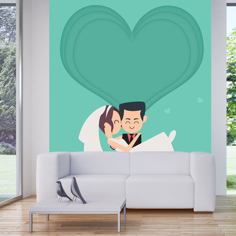 Newlyweds Wall Murals Cartoon Style Stain Resistant Bedroom Wall Decoration, Personalized Size Aqua Clearhalo 'Wall Decor' 'Wall Mural' 1183854