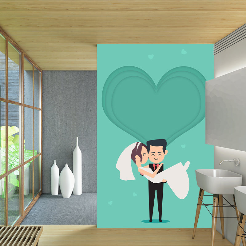 Newlyweds Wall Murals Cartoon Style Stain Resistant Bedroom Wall Decoration, Personalized Size Clearhalo 'Wall Decor' 'Wall Mural' 1183855